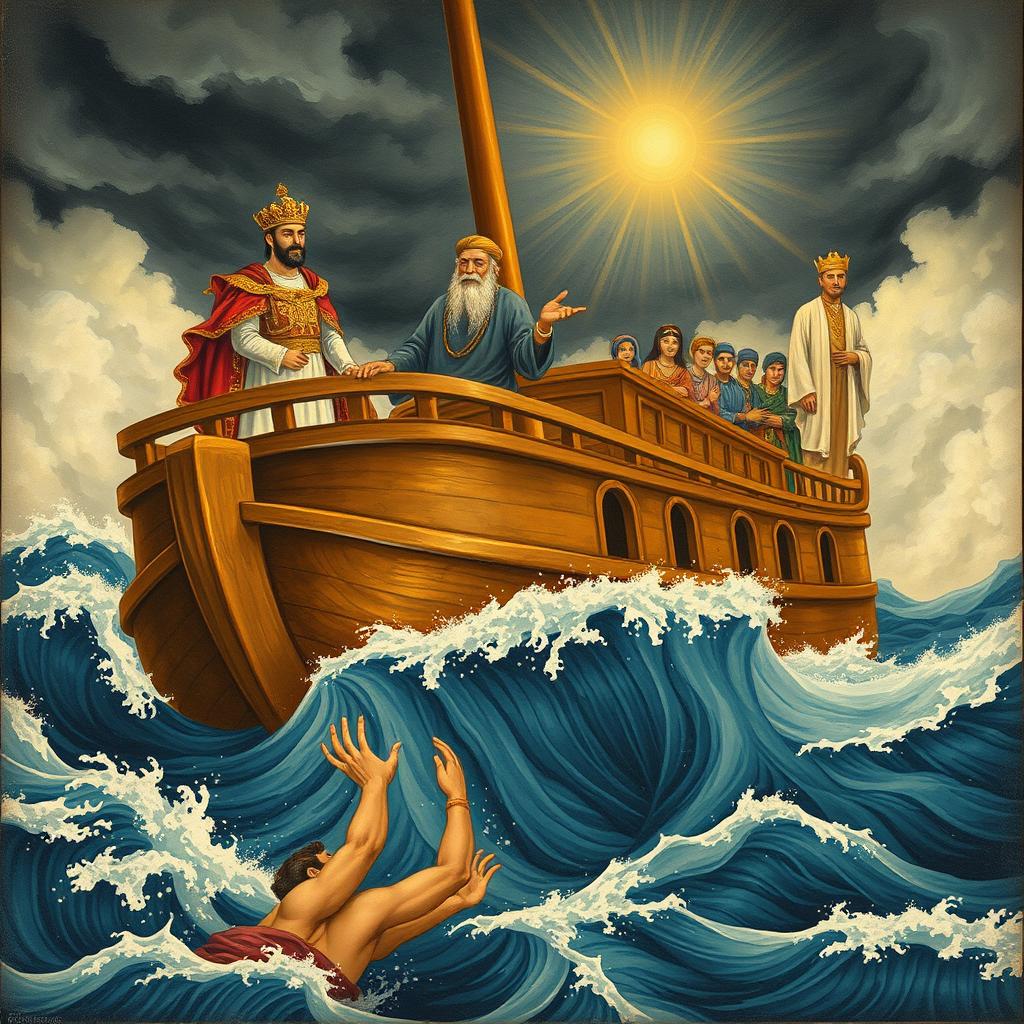 A dramatic and historical Persian miniature painting depicting a large wooden ship amidst roaring ocean waves