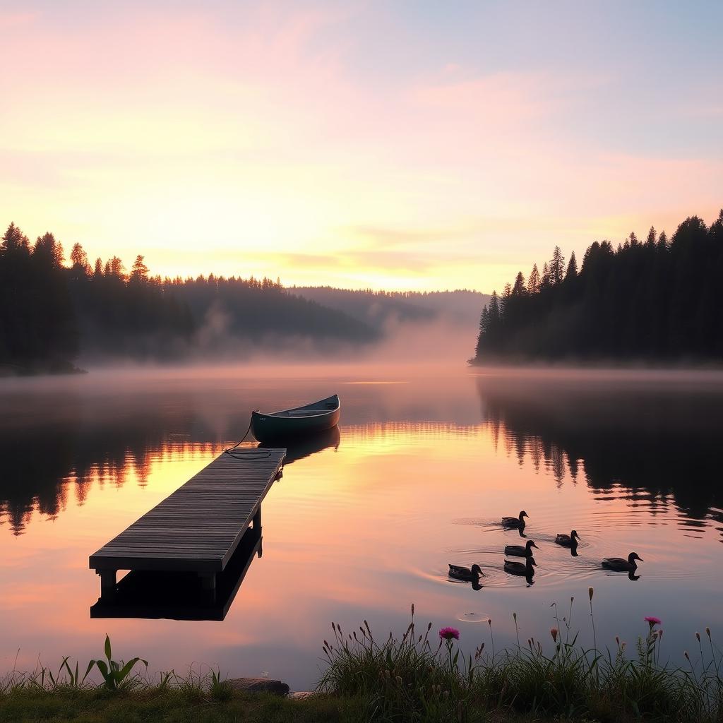 A serene landscape featuring a tranquil lake at sunrise, surrounded by thick pine forests