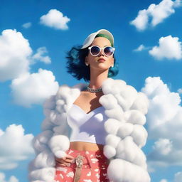 Katy Perry, wearing a stylish yet comfortable outfit, floating blissfully among fluffy white clouds under a clear blue sky