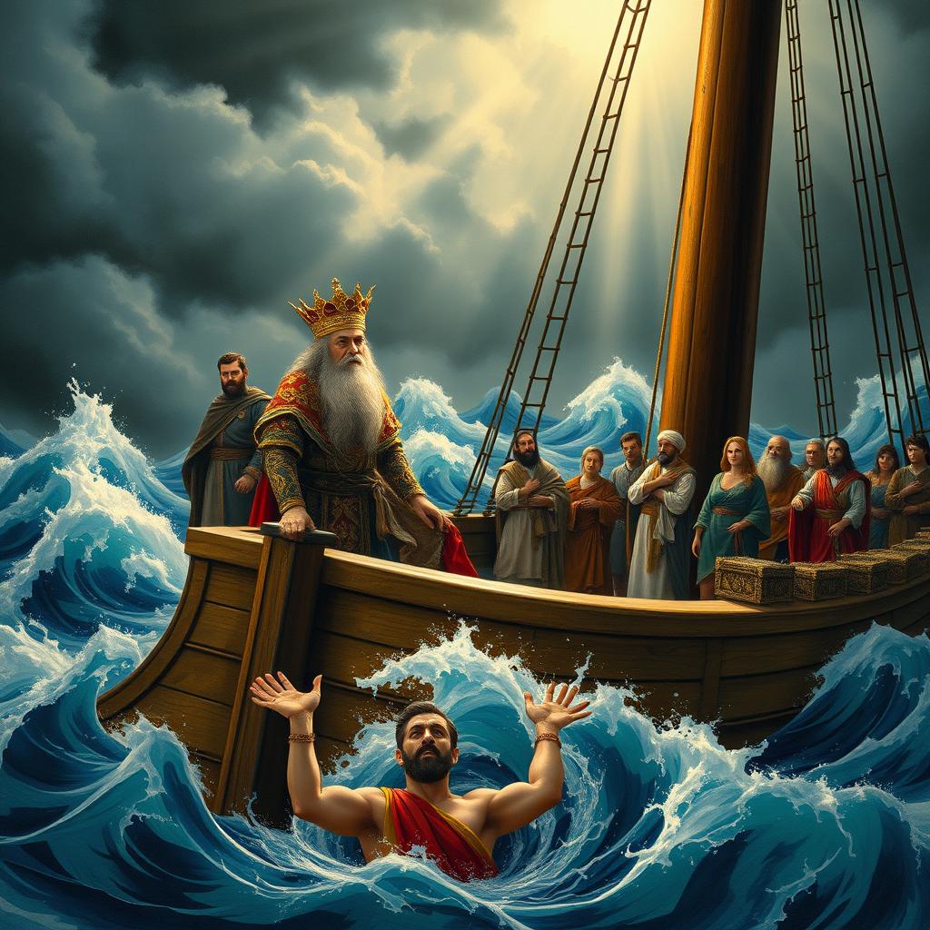 A dramatic and historical scene in the style of Persian miniature painting, depicting a large wooden ship amidst roaring ocean waves