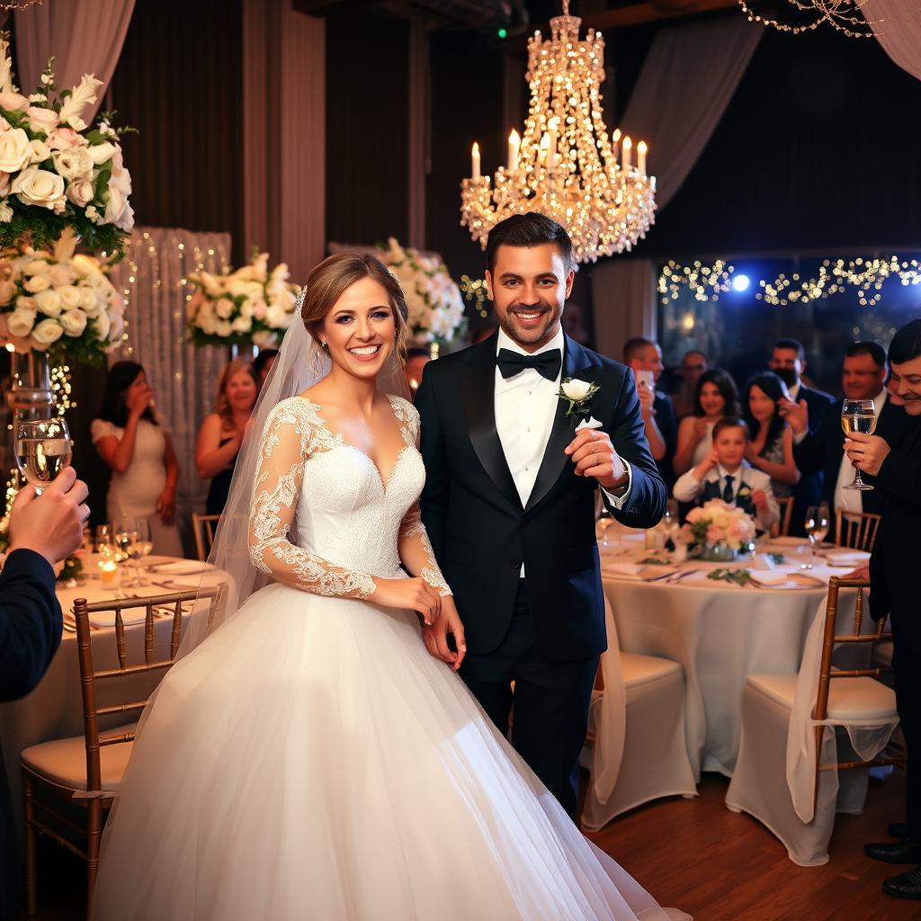 A joyful wedding scene featuring the bride and groom at their wedding reception