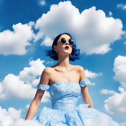 Katy Perry, wearing a stylish yet comfortable outfit, floating blissfully among fluffy white clouds under a clear blue sky