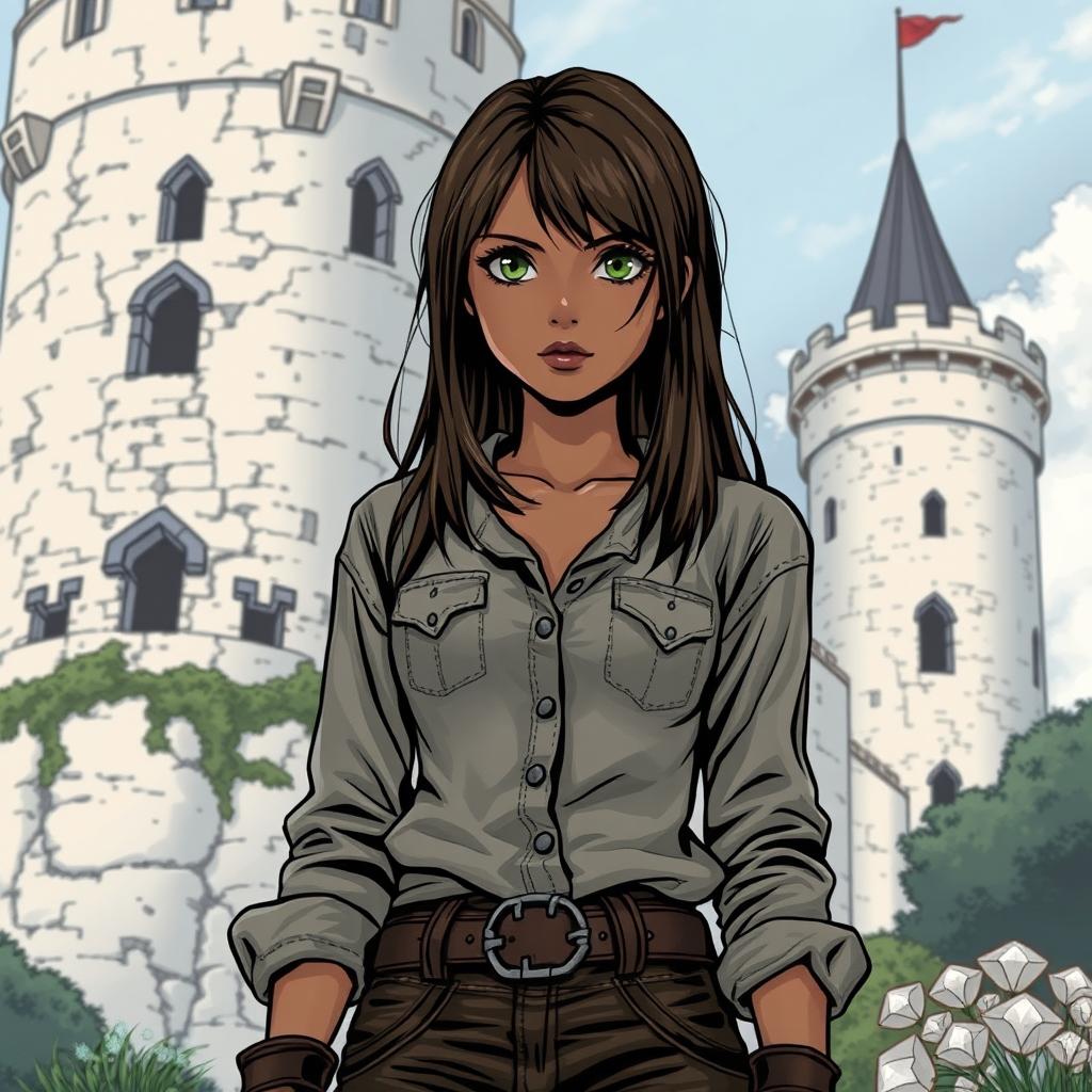 A detailed comic style illustration featuring a beautiful girl with slightly dark skin, captivating dark green eyes, and straight brown hair that falls just below her shoulders