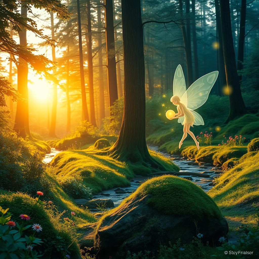 A serene and mystical forest setting, bathed in the warm, golden light of a setting sun