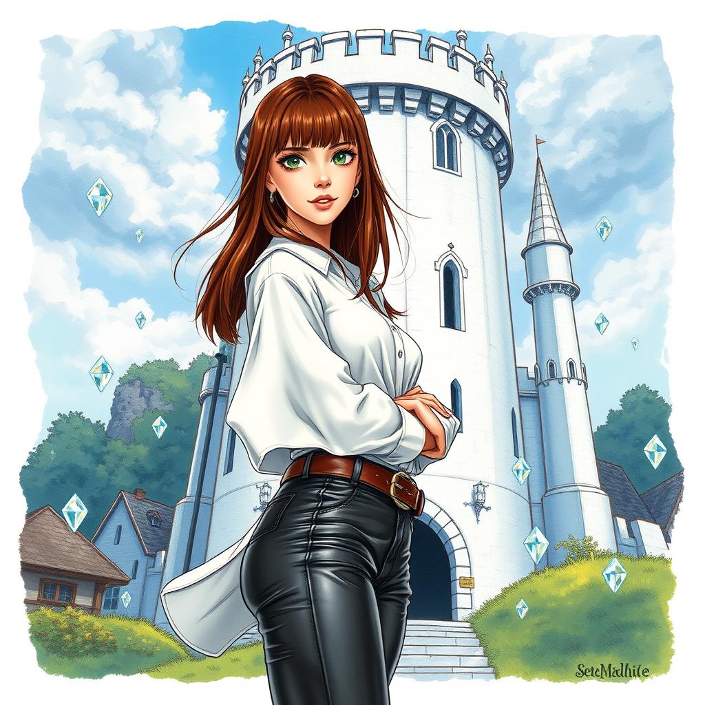 A beautiful girl with fair skin, dark green eyes, and straight brown hair that falls just below her shoulders stands confidently in a flowing white shirt paired with form-fitting leather pants