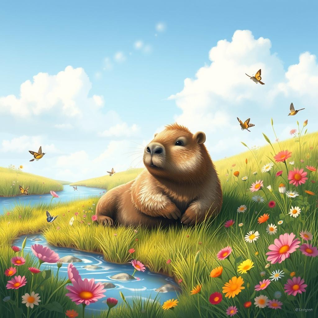 A peaceful scene in a serene meadow where a capybara is lounging comfortably on the grass surrounded by colorful wildflowers