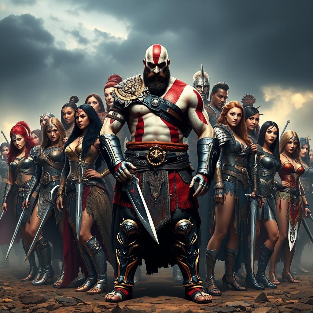 A powerful scene featuring Kratos, the iconic character from the 'God of War' video game series, surrounded by 20 diverse female warriors