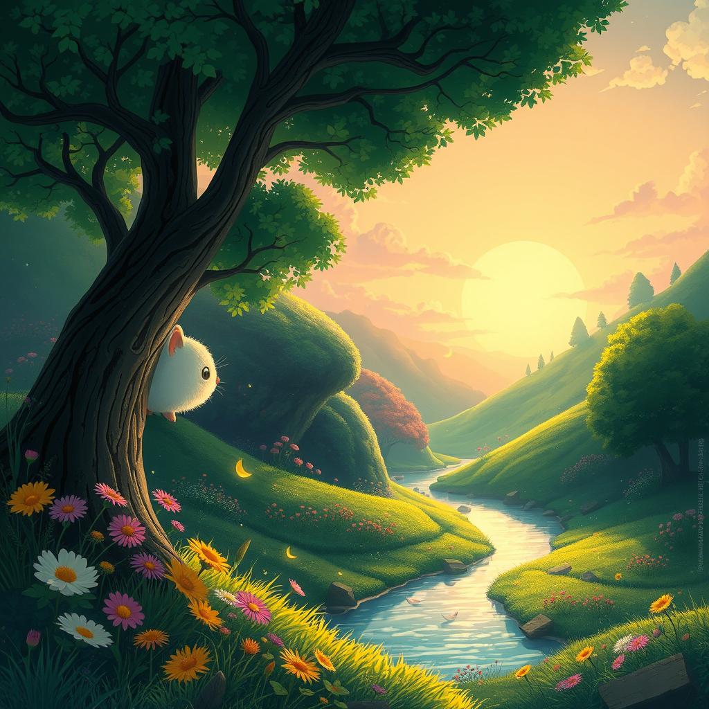 A whimsical fantasy landscape inspired by Studio Ghibli, featuring lush green hills, vibrant flowers, and an enchanting forest filled with glowing creatures