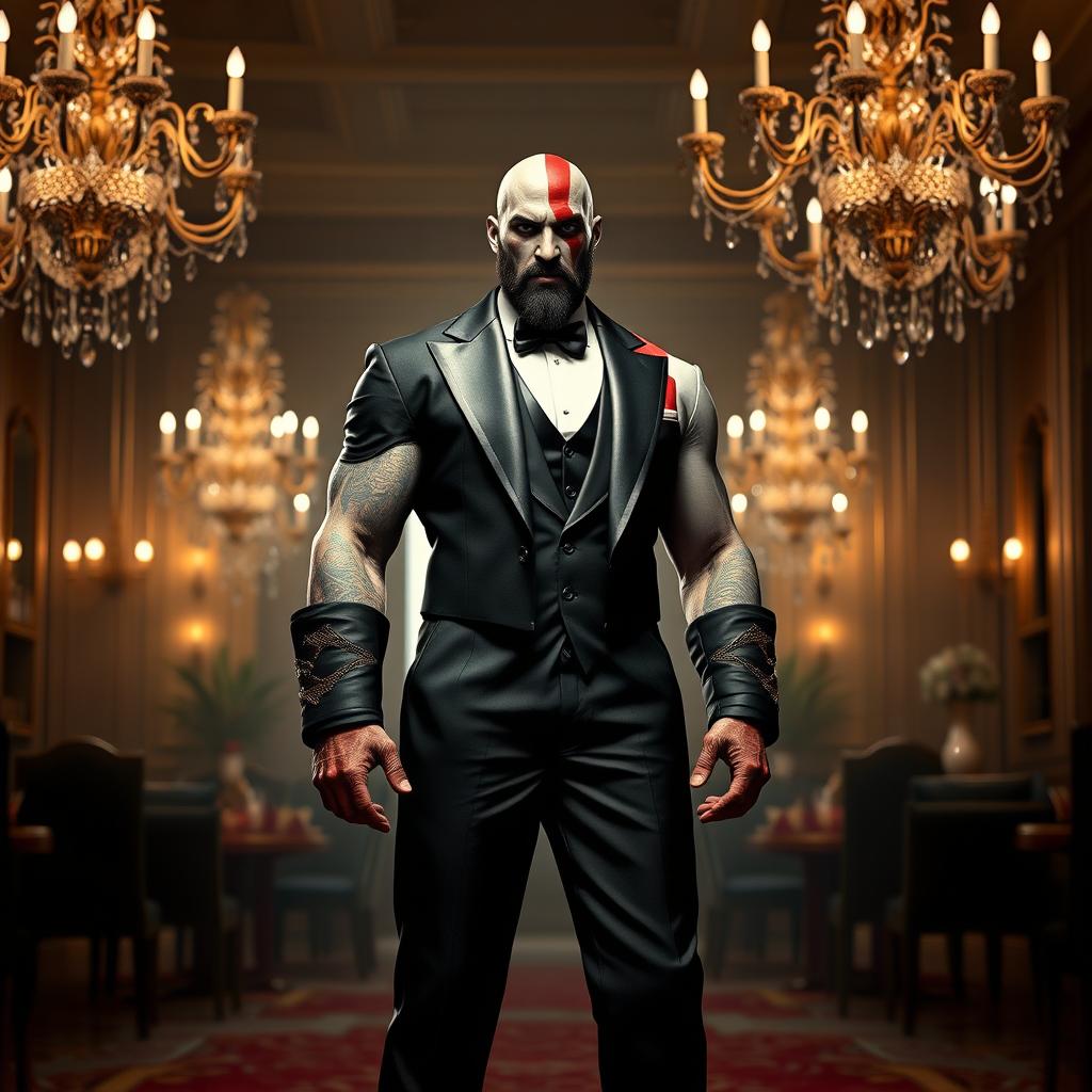 An imaginative portrayal of Kratos, the iconic character from 'God of War', dressed in a formal black tuxedo