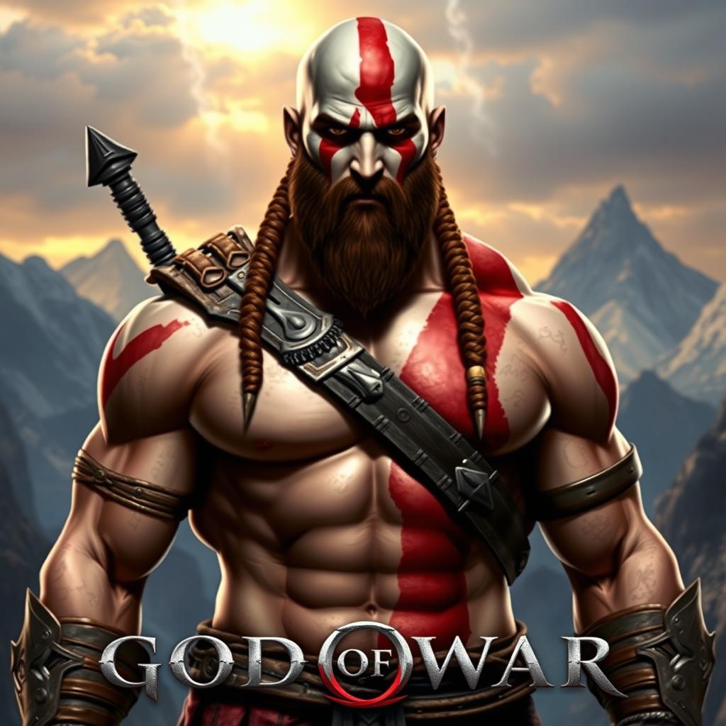 An artistic rendering of Kratos, the iconic character from 'God of War', sporting unique cornrow hairstyles