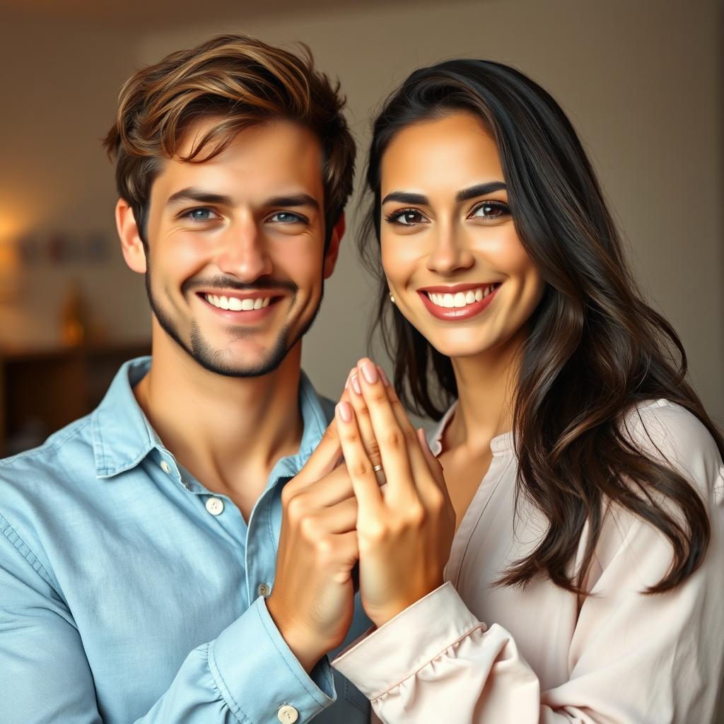 A realistic depiction of two adults, a man and a woman, standing close together with their fingers interlocking