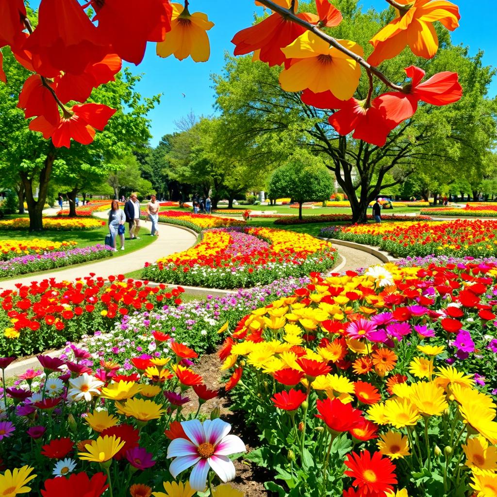 A vibrant and colorful flower park filled with a myriad of blooming flowers in various colors, including reds, yellows, pinks, and blues