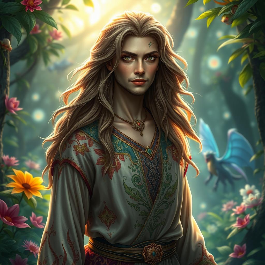 A realistic human character inspired by a mythical figure, featuring intricate details like flowing hair, vibrant colors in clothing that reflect a fantasy realm, and an enchanting expression that embodies wisdom and strength