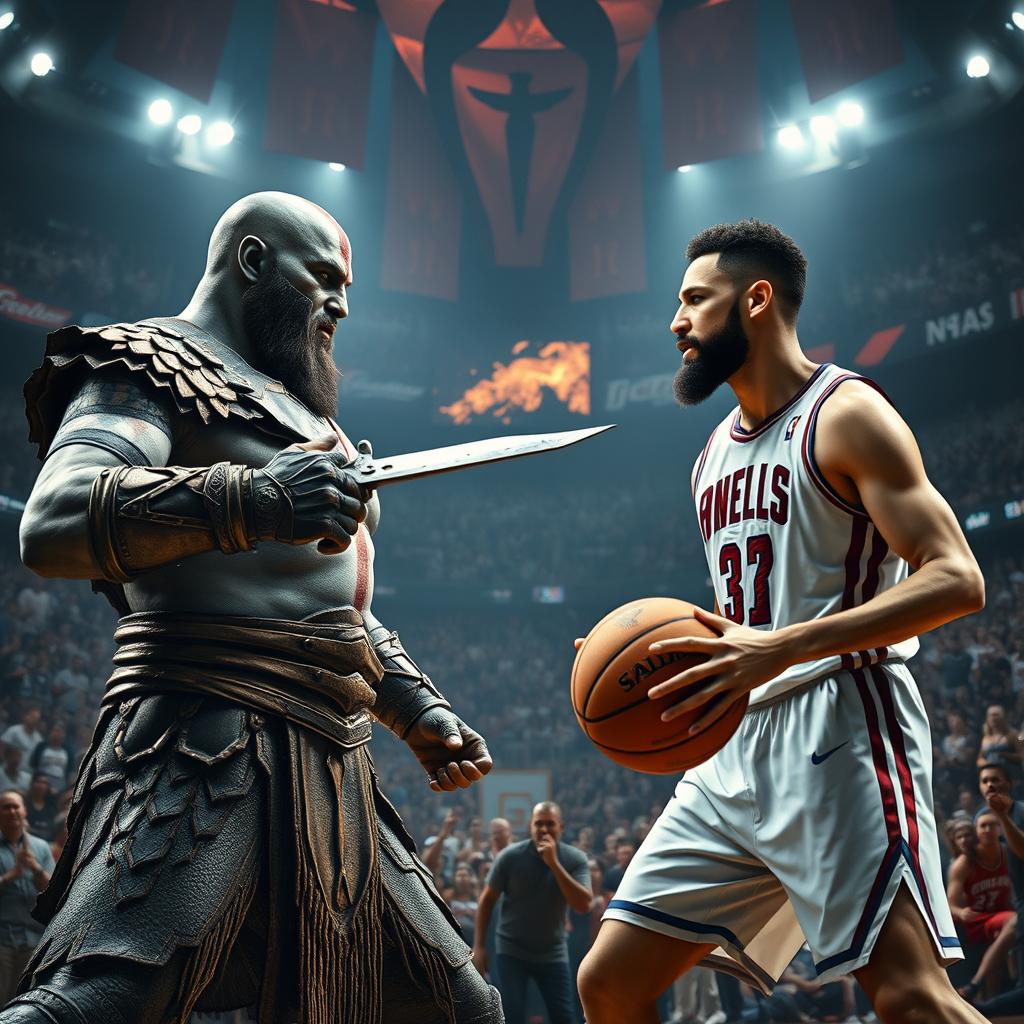 An action-packed scene depicting a fierce battle between Kratos, the iconic character from 'God of War', and LaMelo Ball, the professional basketball player