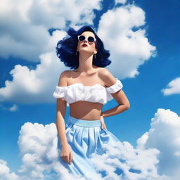 Katy Perry, wearing a stylish yet comfortable outfit, floating blissfully among fluffy white clouds under a clear blue sky