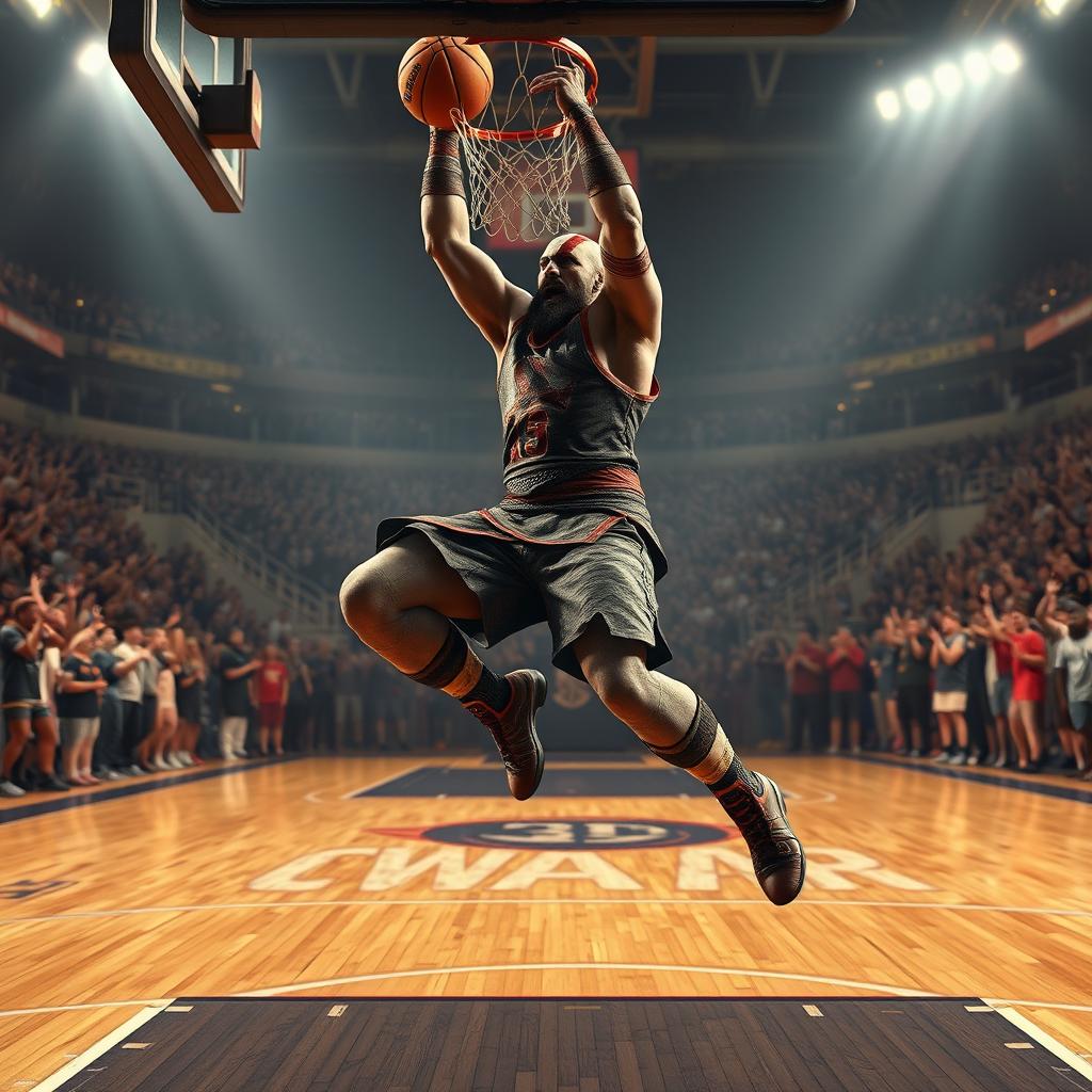 A dynamic scene featuring Kratos, the legendary character from 'God of War', performing an incredible basketball dunk