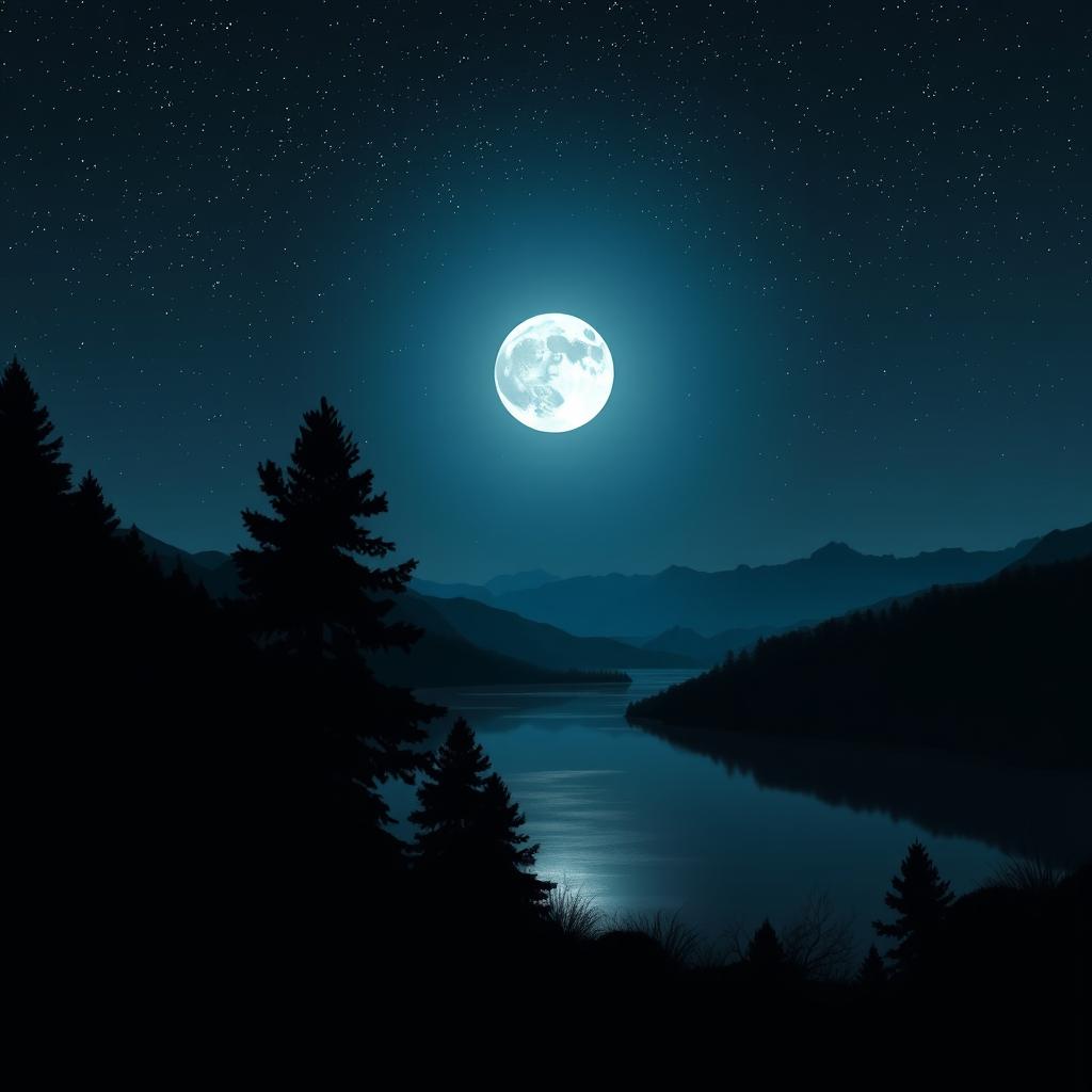 A serene night scene featuring a starry sky illuminated with a full moon, casting a soft glow over a tranquil landscape