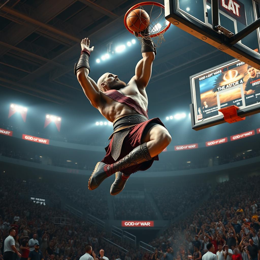 A thrilling scene of Kratos, the powerful character from 'God of War', executing an impressive tomahawk dunk on a basketball court