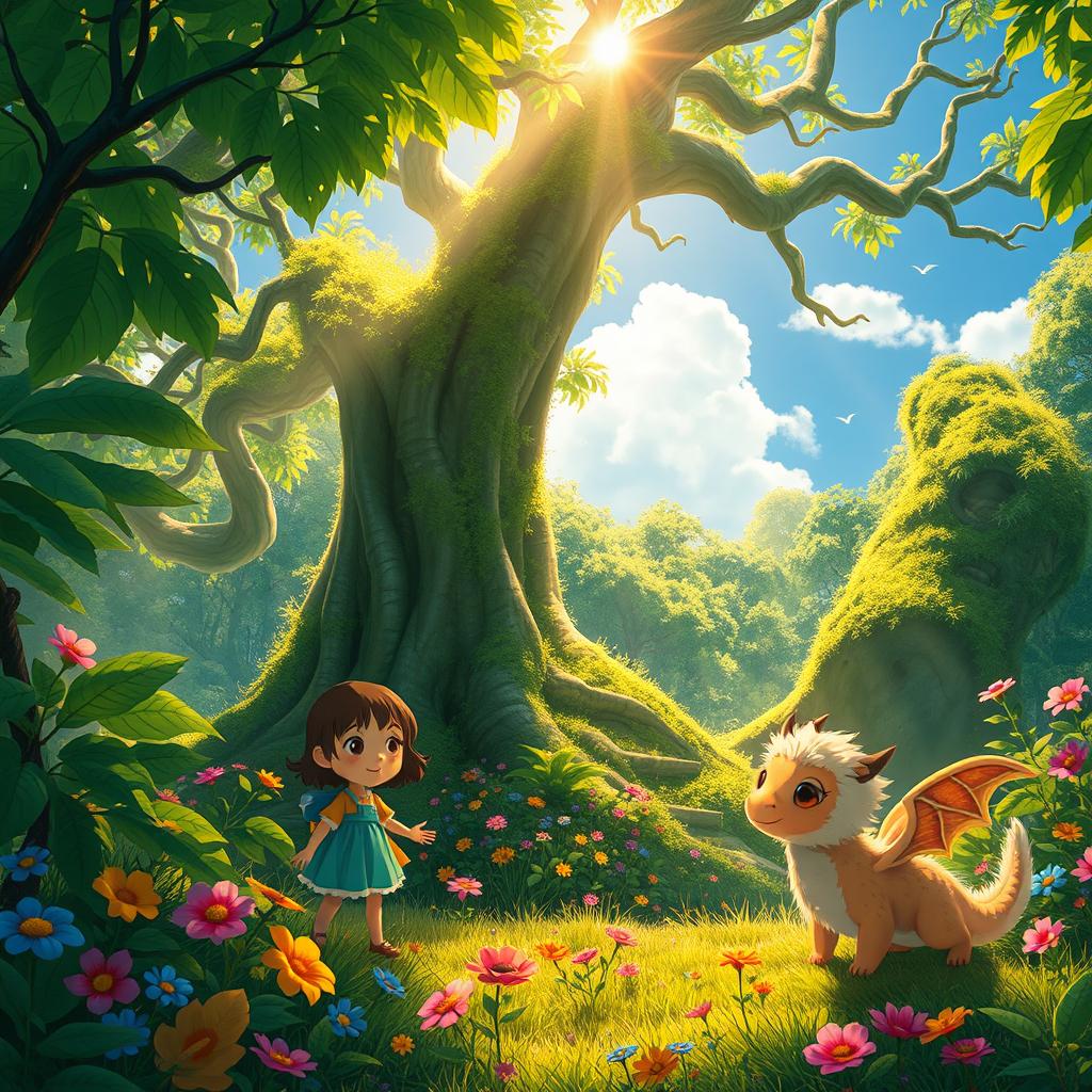 A whimsical and enchanting scene inspired by Studio Ghibli, depicting a lush green forest filled with vibrant, magical creatures