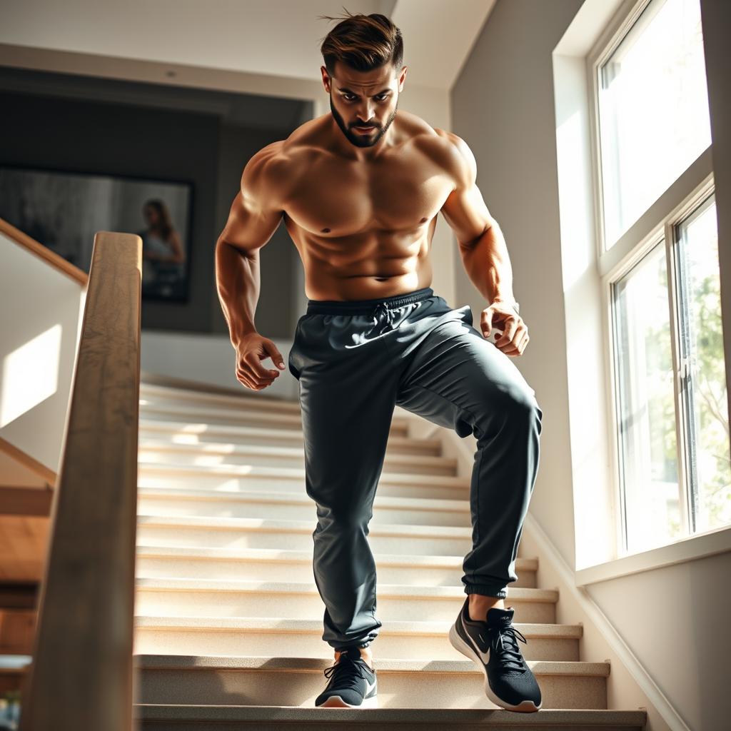 A determined man climbing a staircase, showcasing a strong sense of ambition and focus