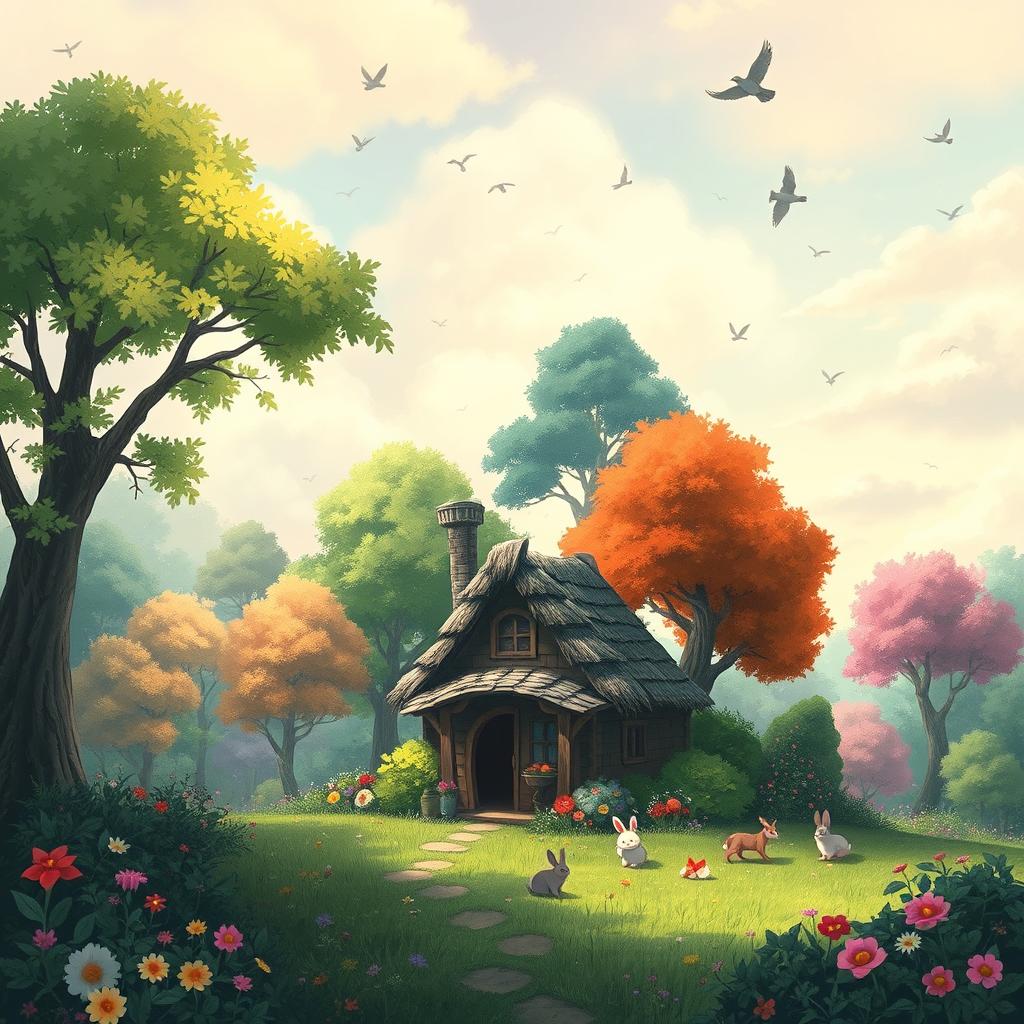 A whimsical, enchanting forest scene inspired by Studio Ghibli, featuring lush greenery and colorful flowers