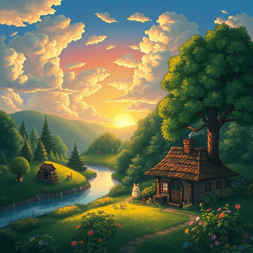 A whimsical landscape inspired by Studio Ghibli, featuring lush greenery and enchanting forests, with a small, winding river and cute, mythical creatures peeking through the trees