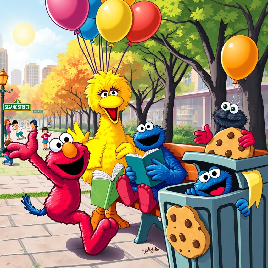 A colorful and vibrant scene featuring beloved characters from Sesame Street, such as Elmo, Big Bird, Cookie Monster, and Oscar the Grouch, interacting playfully in a lively urban park setting