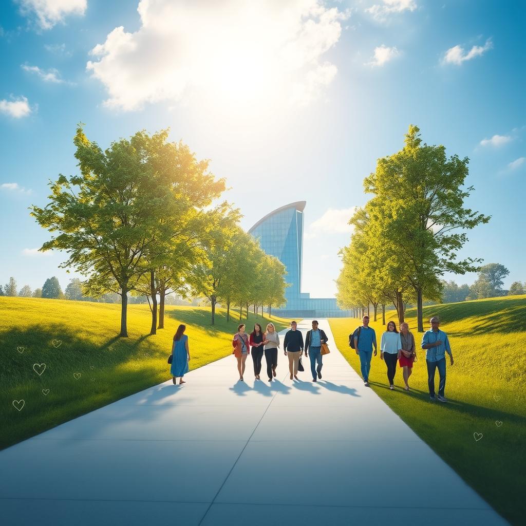 A serene and inspiring scene depicting a path leading towards a modern insurtech company