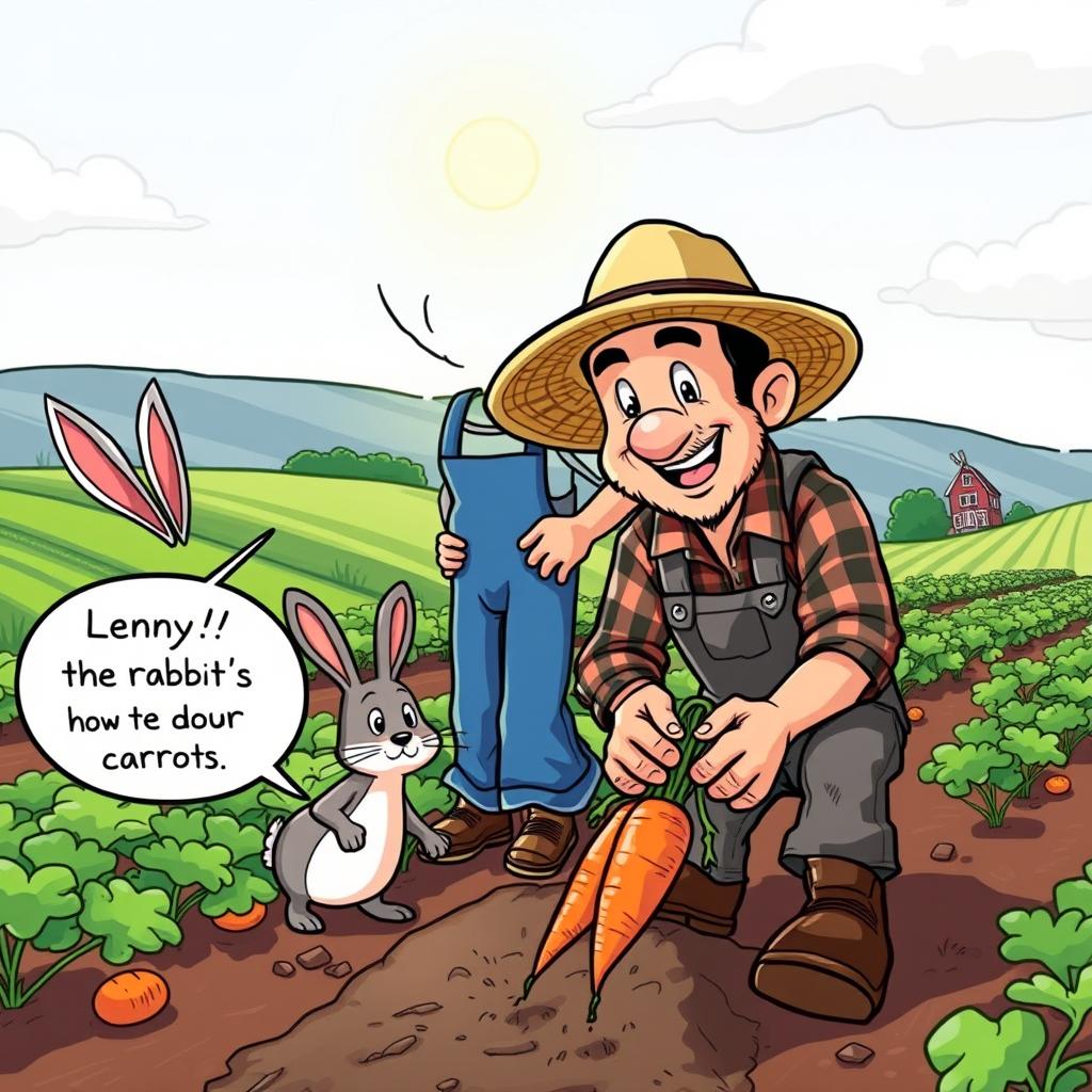 A scene depicting a farmer named Lenny digging up fresh carrots from the ground, wearing a straw hat and a plaid shirt, with dirt-covered hands and a joyful expression