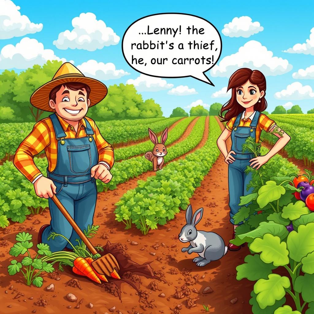 An idyllic farm scene showcasing a farmer digging up fresh carrots from the rich soil, wearing a straw hat and denim overalls, with a content smile on his face