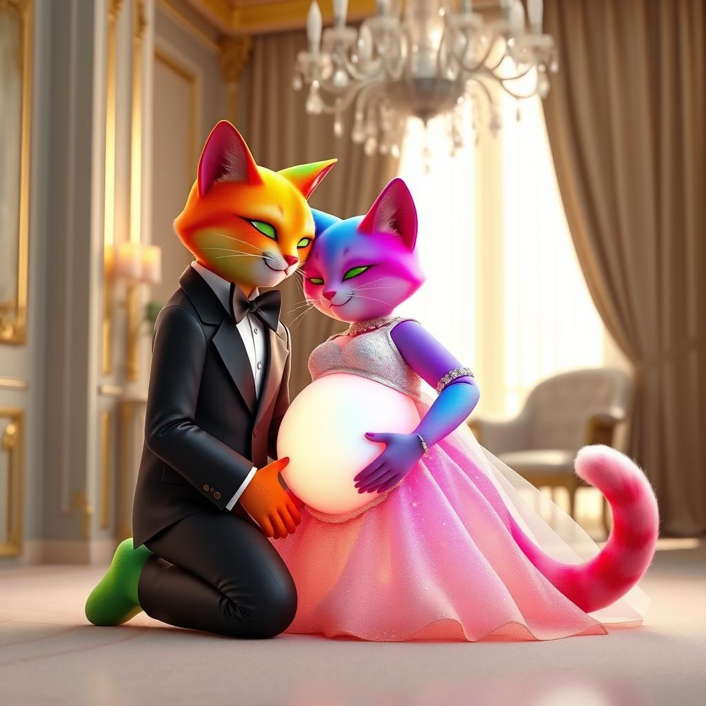 A surreal, whimsical 3D-rendered scene featuring anthropomorphic rainbow-colored cats in a loving, romantic moment