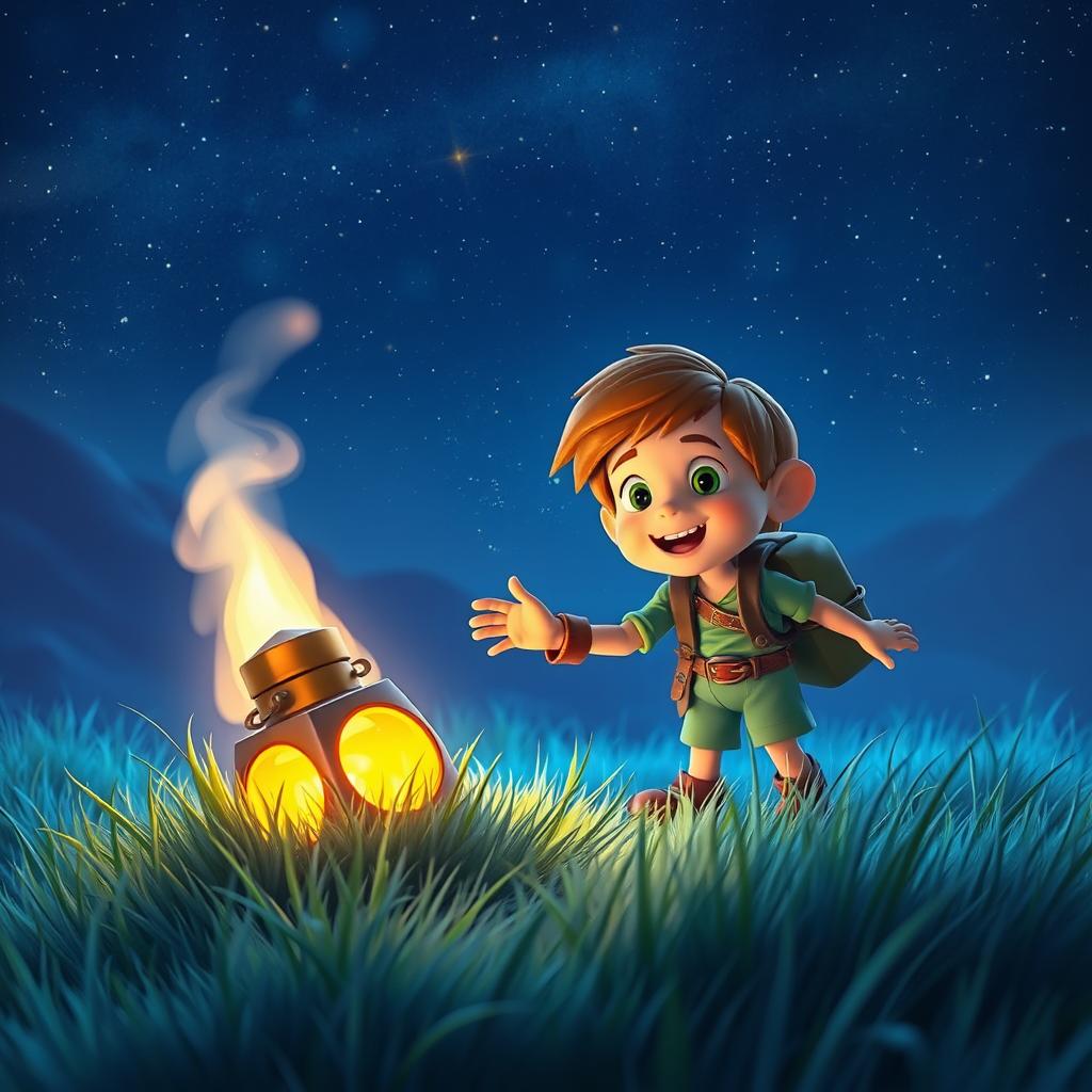 A mystical setting under a starry night sky, where a young adventurer with an excited expression reaches out to touch a glowing artifact that is half-buried in the soft, lush grass