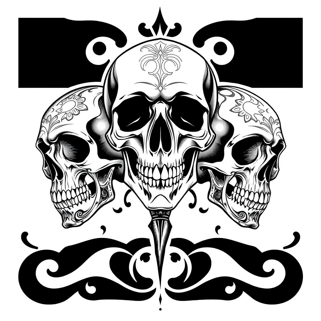 A striking black and white tattoo design featuring three intricately detailed skulls