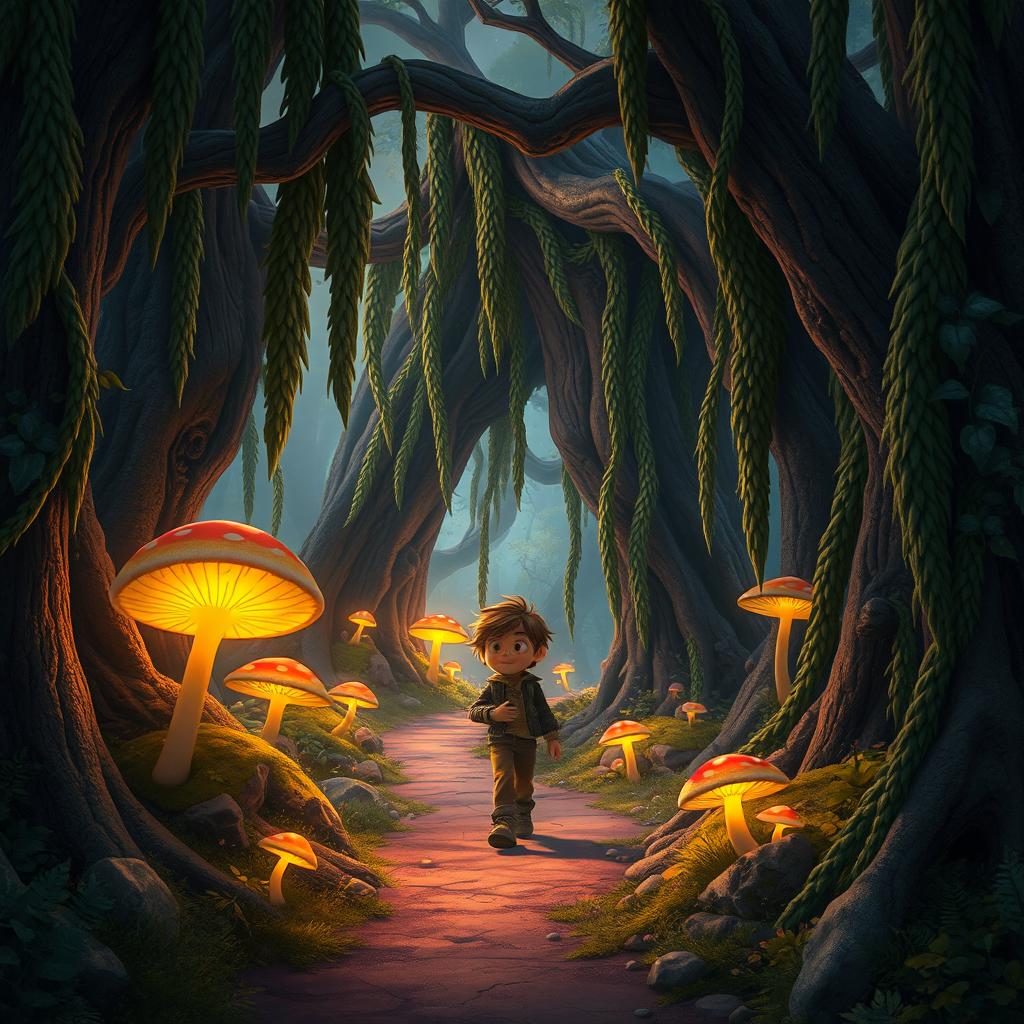 A hidden pathway deep within an ancient forest, lined with glowing mushrooms casting a magical light and thick, lush vines hanging low from towering trees