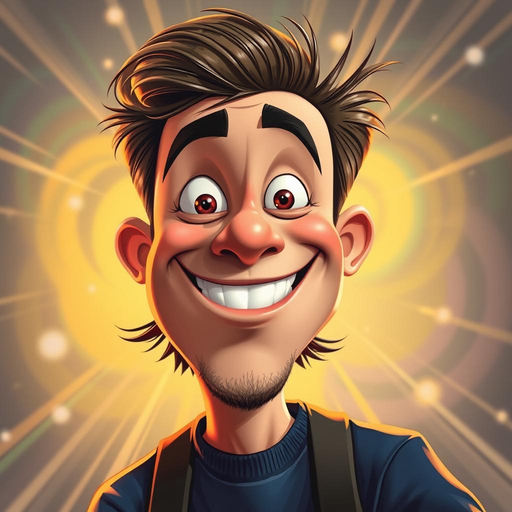Transform a standard portrait photograph into a vibrant animated-style image, featuring exaggerated colors, dynamic lines, and a playful expression, with a backdrop of swirling patterns and light bursts to create a whimsical atmosphere
