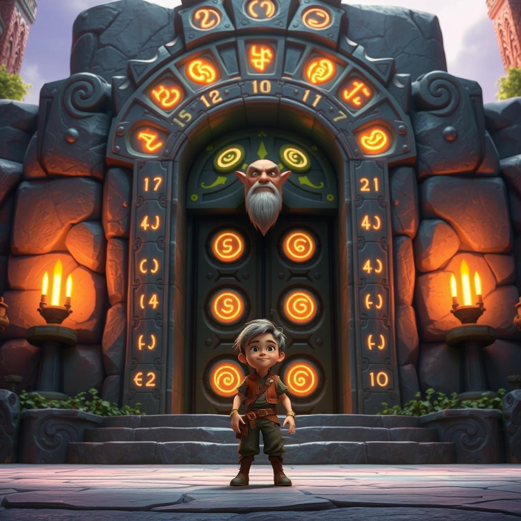 An elderly guardian with shimmering robes and piercing eyes stands majestically before a massive stone gate intricately covered in glowing runes