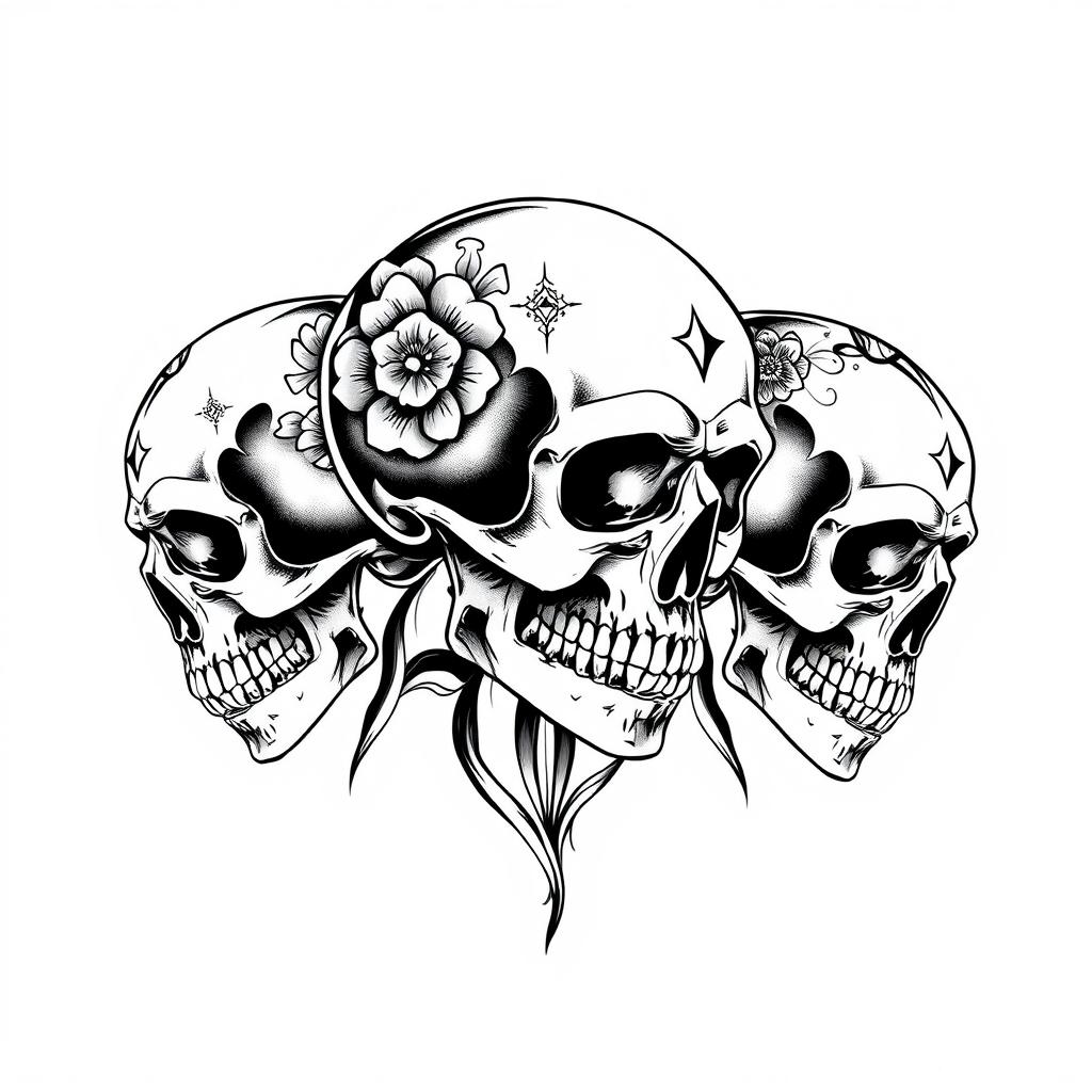 A striking black and white tattoo design featuring three intricately detailed skulls