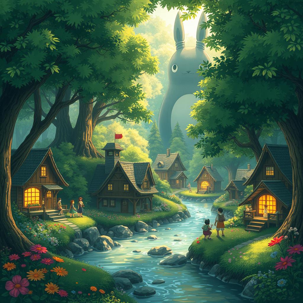 A scene inspired by Studio Ghibli, depicting a whimsical forest village with charming, traditionally styled houses nestled among lush green trees