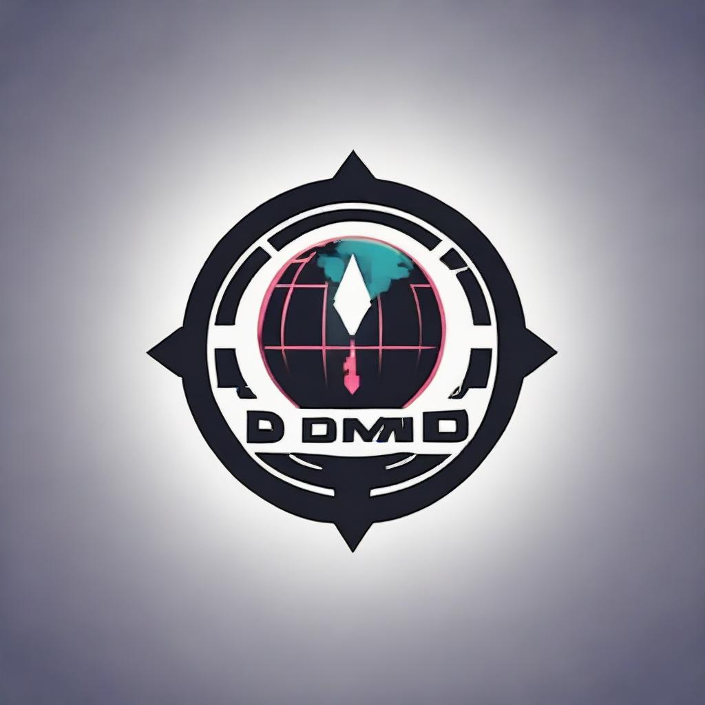 Generate an edgy, cyberpunk inspired logo for a company named DMND. The design should feature a globe with an arrow circling around it.