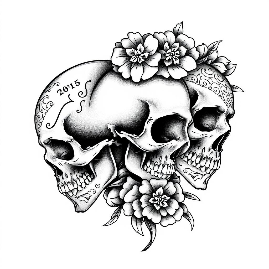 A detailed and striking black and white tattoo design featuring three skulls
