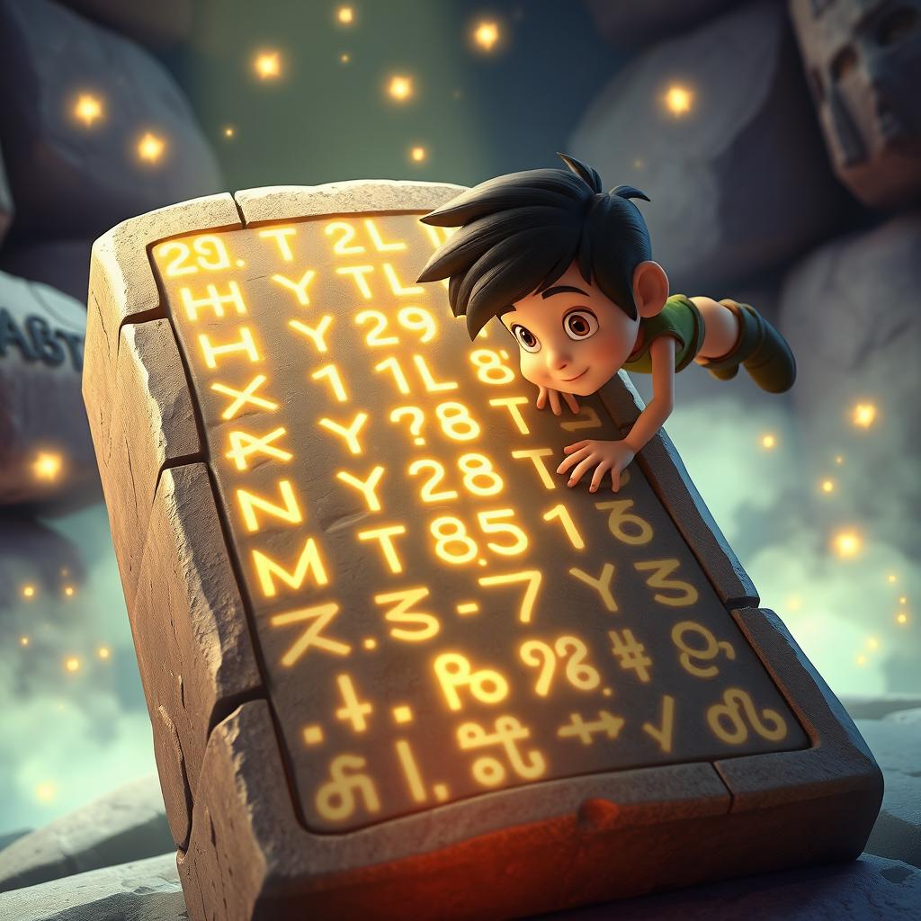 A large stone tablet covered in mysterious glowing runes, with an adventurous protagonist leaning forward, intensely trying to decipher the puzzle on the tablet