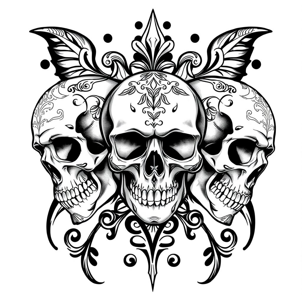 An eye-catching black and white tattoo design featuring three skulls arranged in an artistic composition