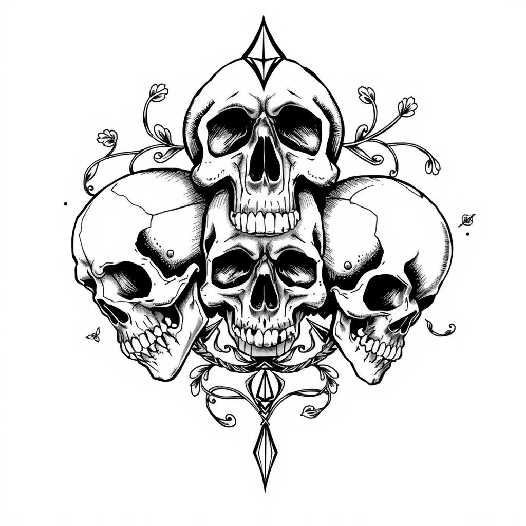 A captivating black and white tattoo design featuring three skulls artistically arranged in a triangular formation