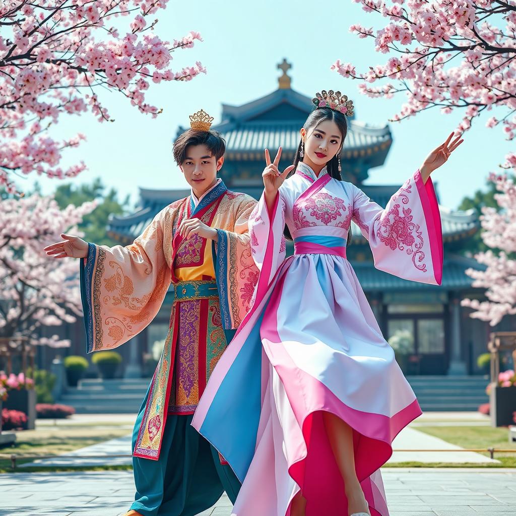 A dynamic scene featuring two charismatic characters styled as a Joseon Prince and Princess, inspired by modern KPOP aesthetics