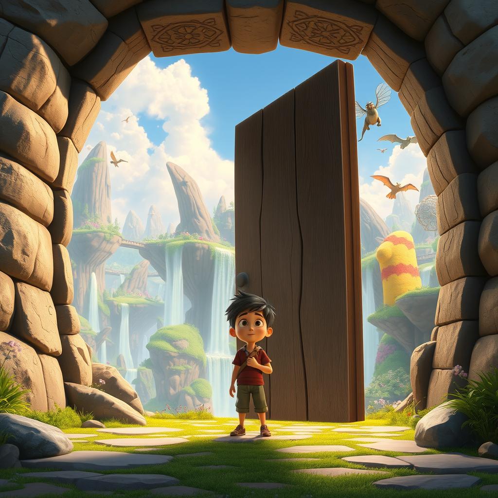A giant stone door swings open to reveal a breathtaking landscape filled with floating islands, glowing waterfalls cascading down, and various magical creatures soaring through the air