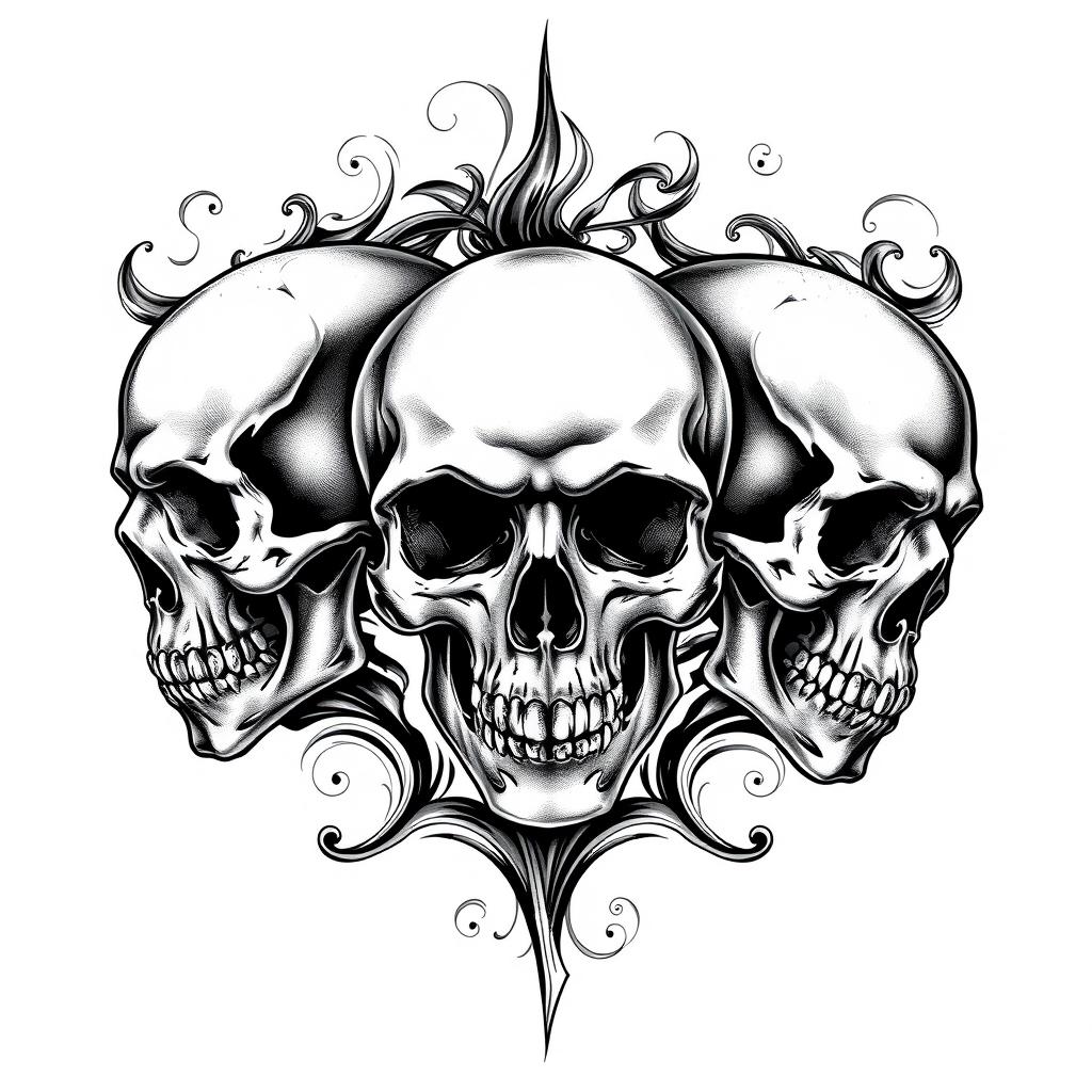 A striking black and white tattoo design featuring three intricately detailed skulls
