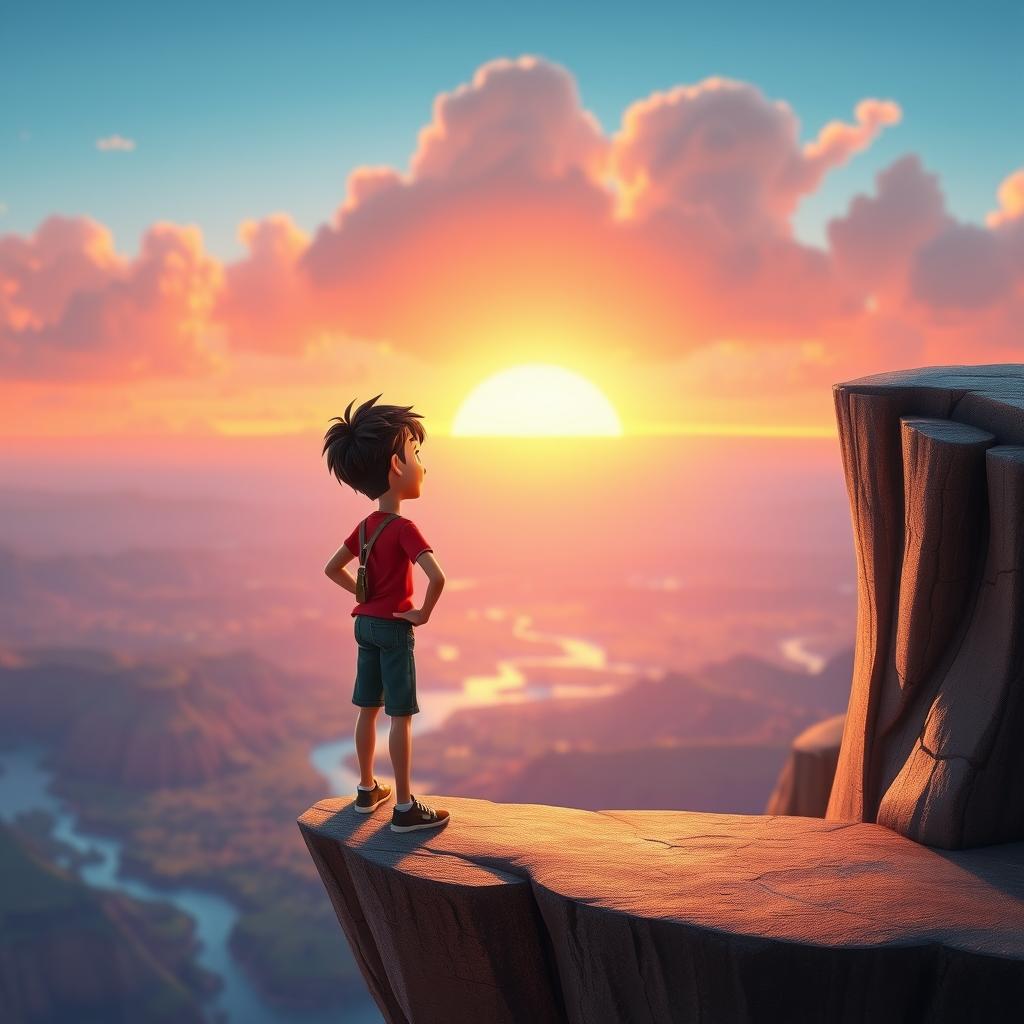 A lone protagonist stands confidently on a cliff, gazing at a glowing horizon where the sky beautifully meets a mystical land filled with vibrant colors and enchanting scenery