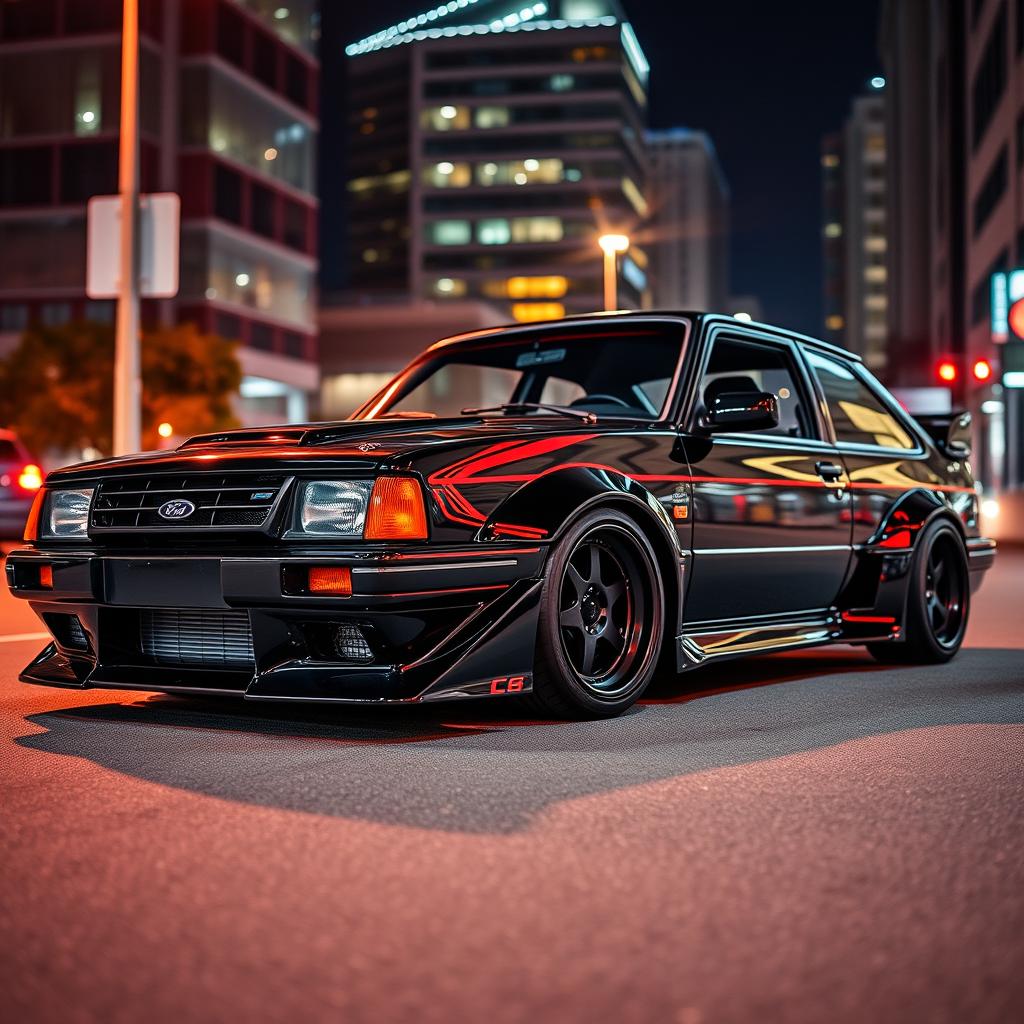 A custom modified Ford Escort GL featuring an aggressive body kit closely inspired by the Mazda RX-7 VeilSide