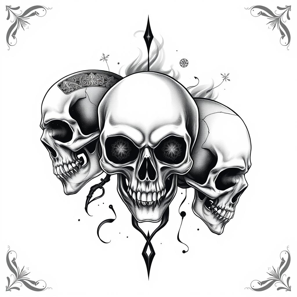 A striking black and white tattoo design featuring three intricately detailed skulls