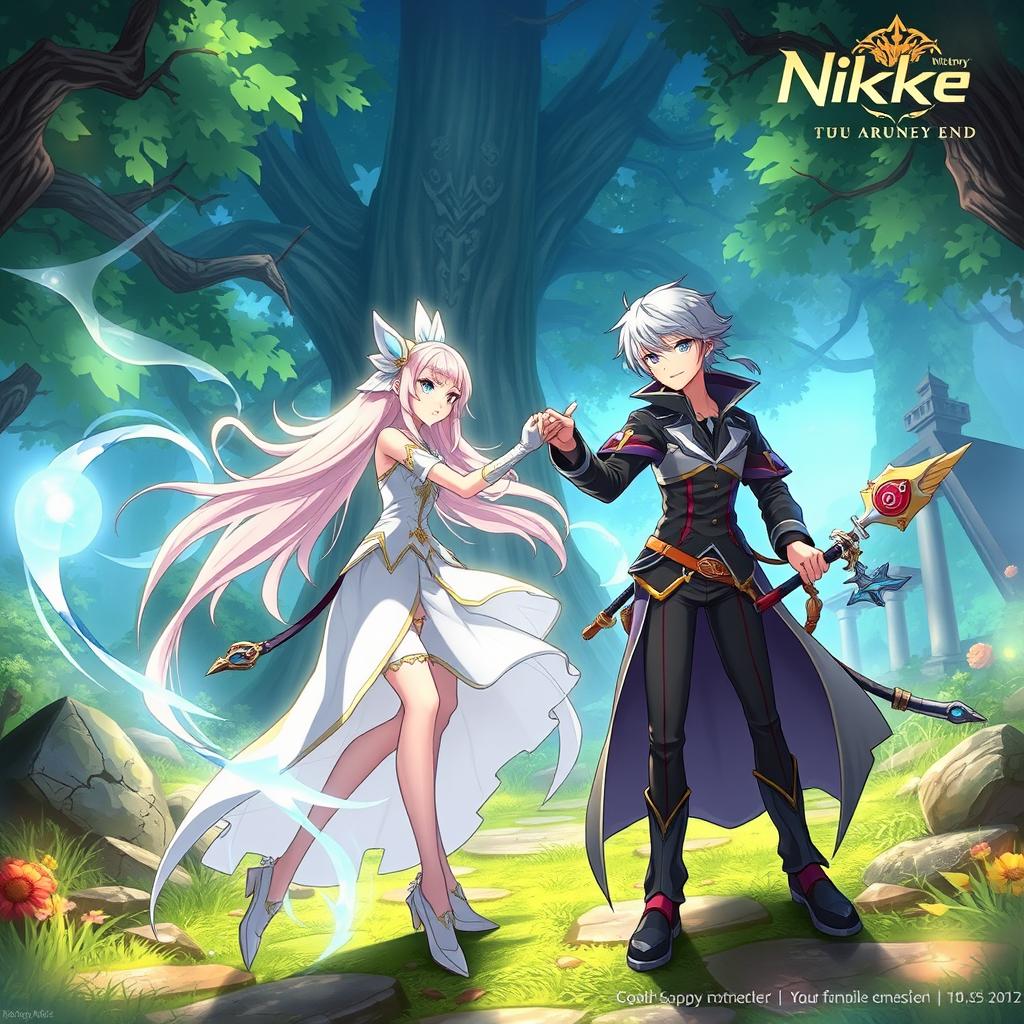 A dynamic crossover scene featuring characters from the anime "Frieren: Beyond Journey's End" and the mobile game "Nikke: The Goddess of Victory", showcasing the distinctly styled characters in a vibrant fantasy landscape